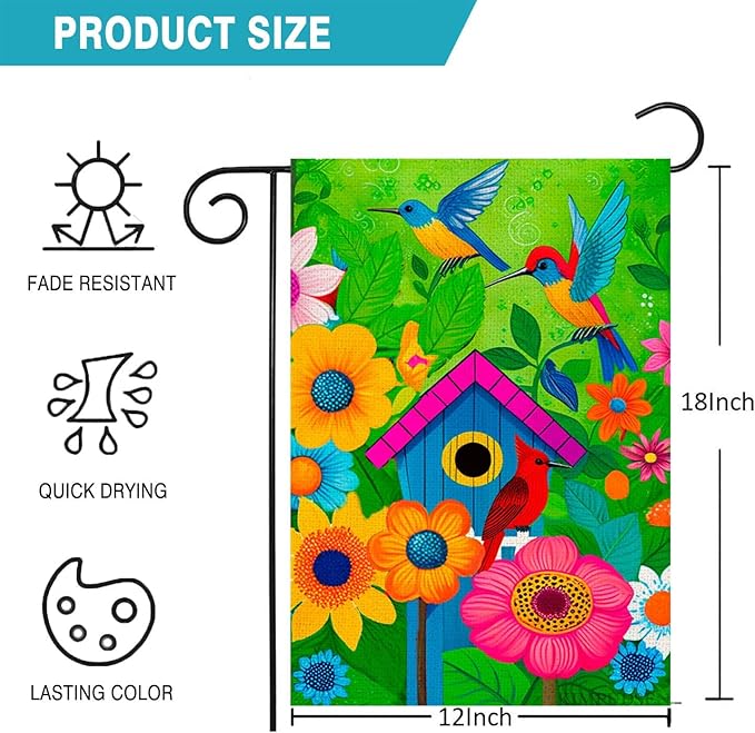 Spring Summer Garden Flags for Outside, Hummingbird Yard Flags with Colorful Birds, Flowers, and Birdhouse Design, 12x18 Inch Double Sided Small Burlap Garden Flags Outdoor Decor