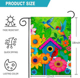 Spring Summer Garden Flags for Outside, Hummingbird Yard Flags with Colorful Birds, Flowers, and Birdhouse Design, 12x18 Inch Double Sided Small Burlap Garden Flags Outdoor Decor