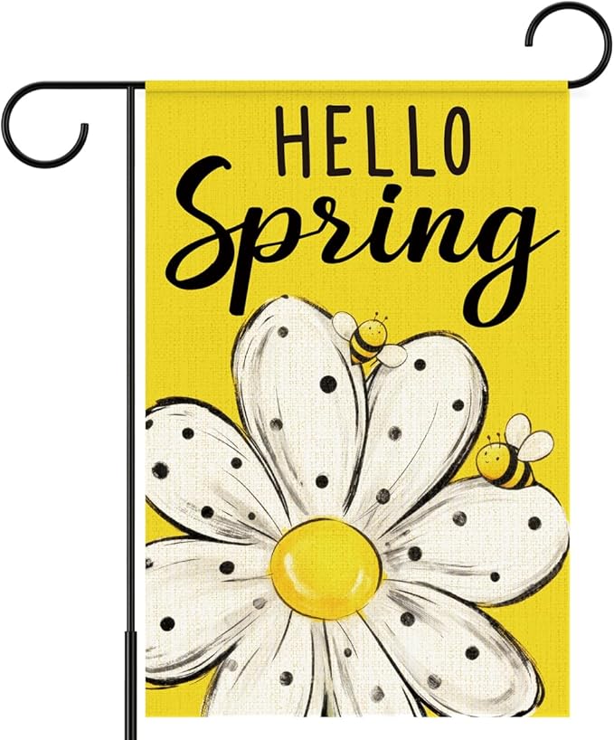 Hello Spring Garden Flags for Outside,Bee Daisy Spring Garden Flag Yard Lawn Porch Flags for Outdoor Decorations 12x18 Inch Double Sided