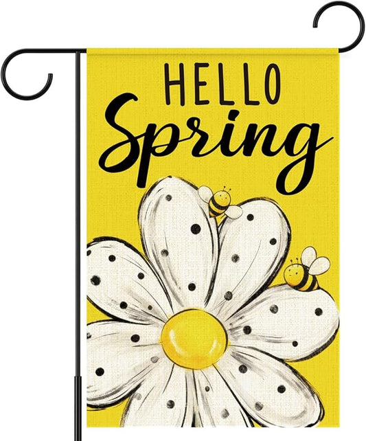 Hello Spring Garden Flags for Outside,Bee Daisy Spring Garden Flag Yard Lawn Porch Flags for Outdoor Decorations 12x18 Inch Double Sided