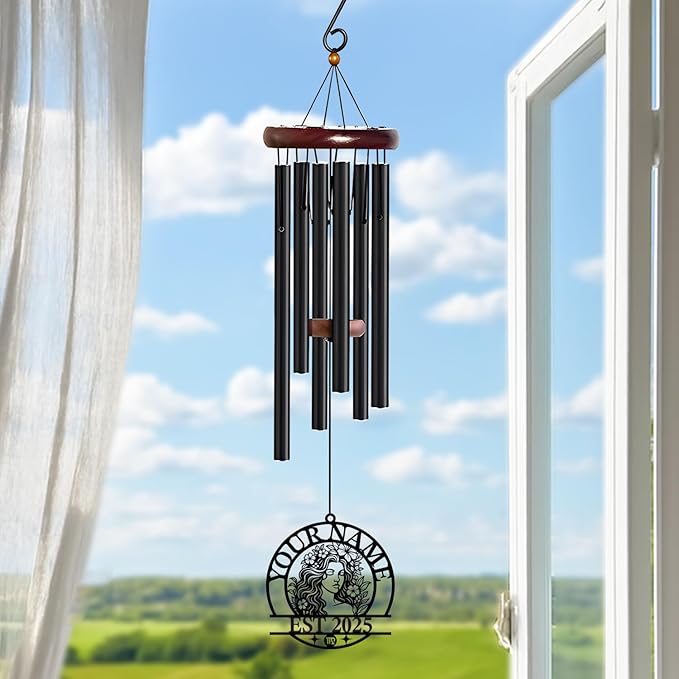 Personalized Customize Name 12 Zodiac Signs Wind Chime, Metal Iron 37 Inch Outdoor Memorial Gift for Garden Yard Patio Home Decor, Black (Virgo)