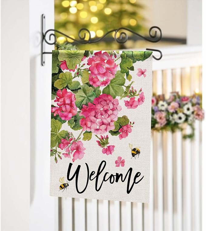 Welcome Spring Summer Geranium Decorative Garden Flag, Pink Floral Flowers Bees Yard Outside Decorations, Seasonal Burlap Outdoor Small Home Decor Double Sided 12 x 18