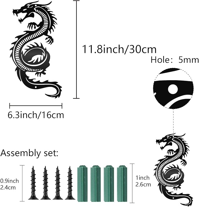 CREATCABIN Dragon Metal Wall Decor Black Iron Wall Art Japanese Chinese Dragon Sculpture Hanging Artwork Decor Gothic Signs Decoration for Indoor Outside Living Room Home Office 11.8x6.3Inch