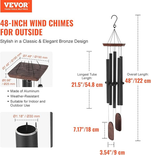 VEVOR 48" Deep Tone Wind Chimes – Large 5-Tube Memorial Wind Chimes, Hand-Tuned Aluminum Tubes, Black Outdoor Decor for Patio, Porch, Garden, for Anniversaries & Sympathy