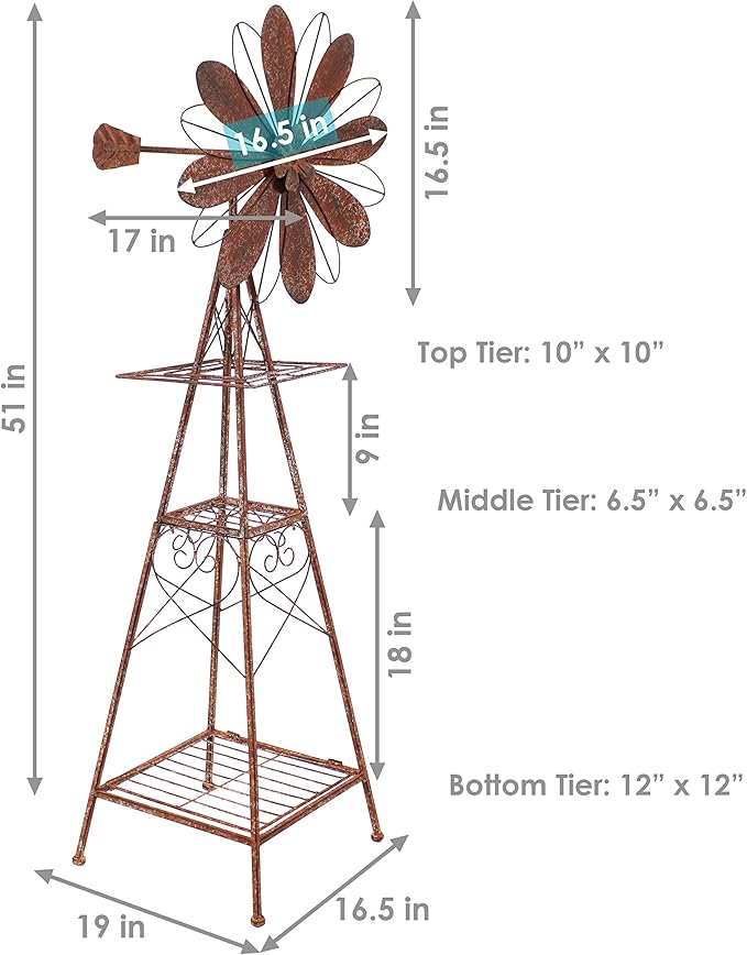 Sunnydaze 51-Inch Rustic Windmill Metal Garden Statue with Tiers - Yard Art, Lawn and Garden Sculpture Decor - Brown/Copper