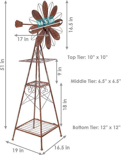 Sunnydaze 51-Inch Rustic Windmill Metal Garden Statue with Tiers - Yard Art, Lawn and Garden Sculpture Decor - Brown/Copper