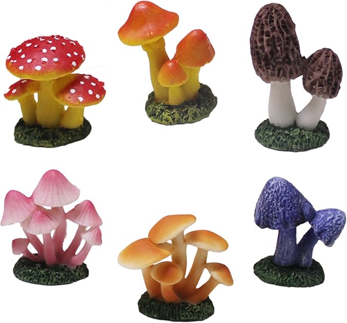 Mini Resin Mushroom Figurines, 6 Pieces Lawn Fairy Wild Garden Resin Bonsai Craft Decoration for Home DIY Micro Fairy Garden Landscape