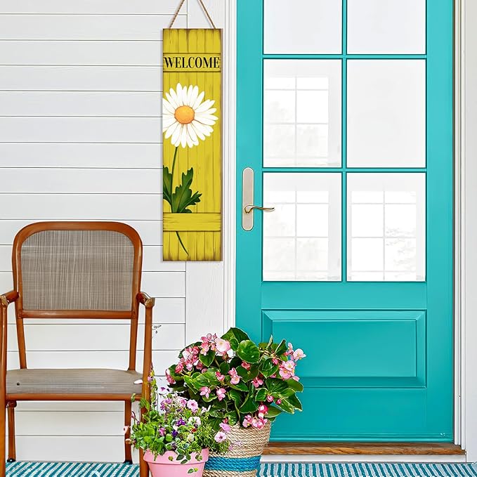Spring Daisy Welcome Wooden Sign, Summer Rustic Daisy Porch Sign for Front Door Decorations, Front Porch Decor Home Hanging Signs Wall Sign 31.5"H