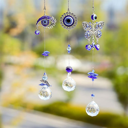 3pcs Evil Eye Suncatchers with Crystal Prism Balls Window Hanging Decoration Ornament Sun Catchers Rainbow Maker Pendant