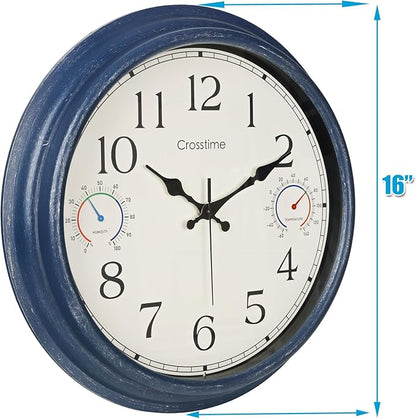 Crosstime 16 Inch Large Outdoor Clock with Thermometer & Hygrometer – Vintage Blue Coastal Decor Waterproof Wall Clock for Patio, Pool, Garden, Backyard
