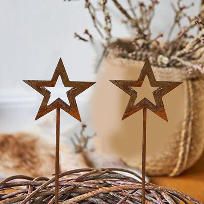 Rusty Star Garden Decor for Outdoor Courtyard and Flower Pot, Iron for Art Stake with Natural Rust Finish, 2-Pack, 250x90mm