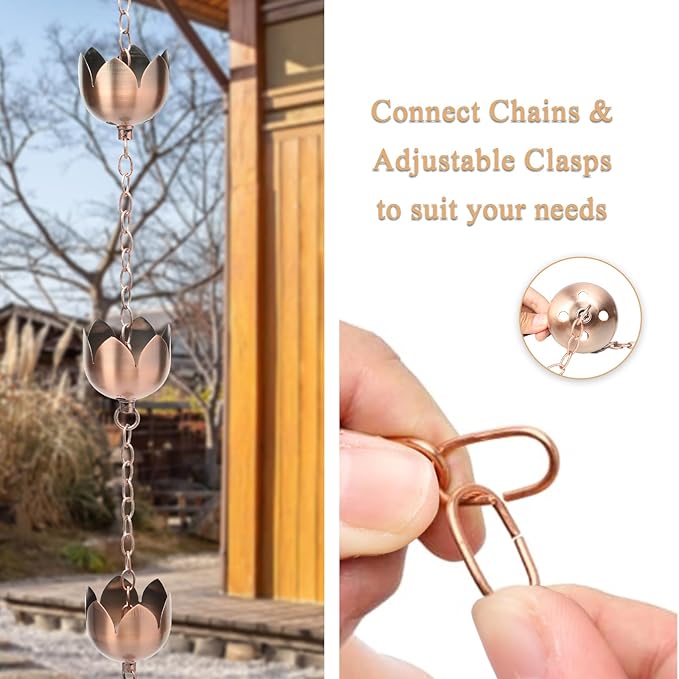 taman Rain Chain Set, 5.28ft Lotus Cup Rain Chain for Gutters,Copper Rain Chain Cups to Replace Gutter Downspout, Divert Water, 8 Cups, Rose Gold