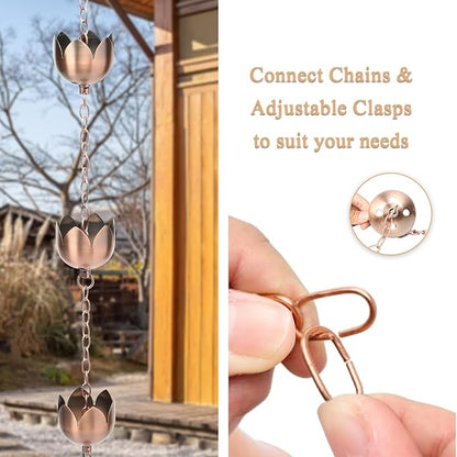 taman Rain Chain Set, 5.28ft Lotus Cup Rain Chain for Gutters,Copper Rain Chain Cups to Replace Gutter Downspout, Divert Water, 8 Cups, Rose Gold