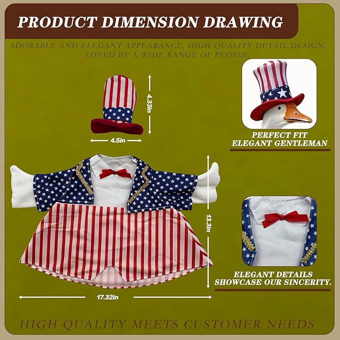 Independence Day Style Cute Outfit for 23-Inch Cement Goose – Outdoor Garden Yard Porch Decor