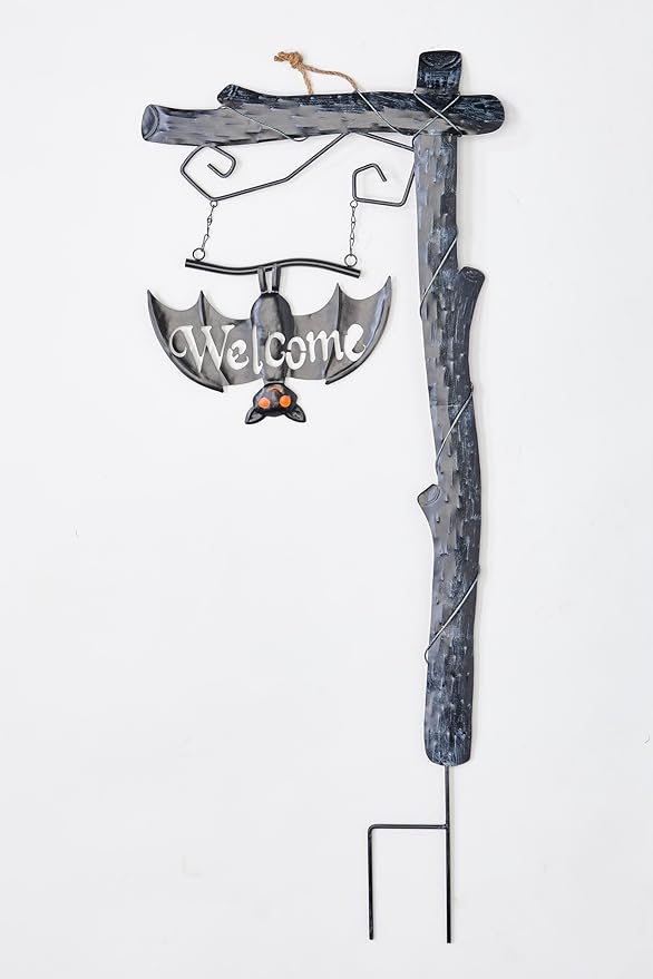 37" Metal Halloween Welcome Sign Post with Bat Outdoor Yard Stake