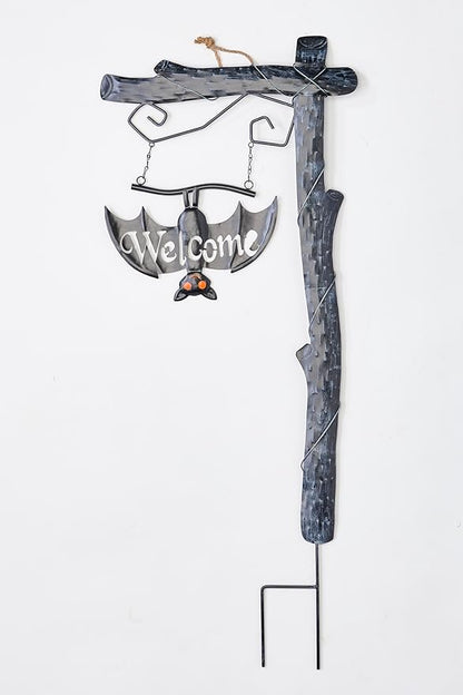 37" Metal Halloween Welcome Sign Post with Bat Outdoor Yard Stake