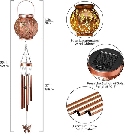 Round Lantern Wind Chimes-Hummingbird，Handcrafted Garden Art with Melodic Tones, Weather-Resistant Metal Wind Chime for Outdoor Patio, Porch, and Garden Decor, for Nature Lovers