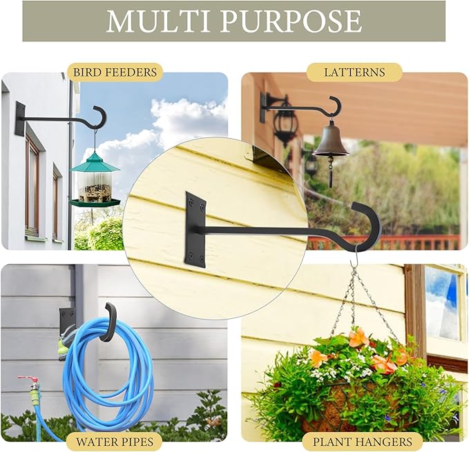QIEGL 6inch Heavy Duty Hanging Plant Brackets 2pcs Bird Feeder Hanger Decorative Hooks Outdoor or Indoor Plant Hangers Shepherd Hooks Black Metal Wall Hook for Lantern, Flower Basket, Wind Chimes