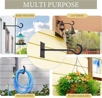 QIEGL 6inch Heavy Duty Hanging Plant Brackets 2pcs Bird Feeder Hanger Decorative Hooks Outdoor or Indoor Plant Hangers Shepherd Hooks Black Metal Wall Hook for Lantern, Flower Basket, Wind Chimes