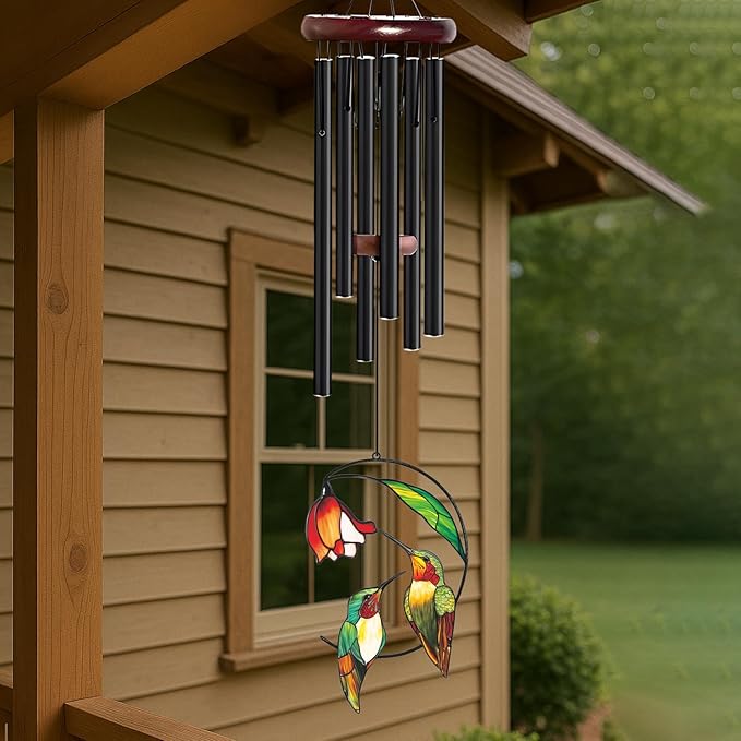 Personalized Metal Wind Chime Garden Sign, 40 Inch Outdoor Colorful Bird & Flower Memorial Decor, Yard Hanging Plaque for Patio Porch Lawn (JSTY364)