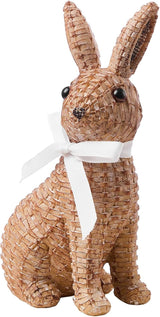 Rattan Rabbit Woven Rabbit Bow Resin Ornaments for Home Courtyard Lawn Tabletop and Easter Decoration to Enhance The Easter Atmosphere Preferred Easter Gifts (8.1in Brown Seat)
