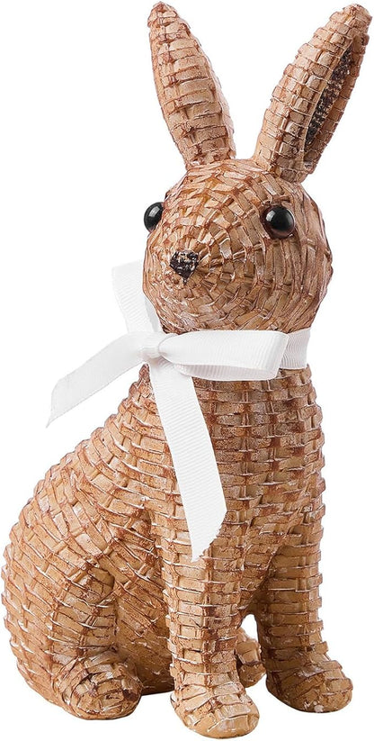 Rattan Rabbit Woven Rabbit Bow Resin Ornaments for Home Courtyard Lawn Tabletop and Easter Decoration to Enhance The Easter Atmosphere Preferred Easter Gifts (8.1in Brown Seat)