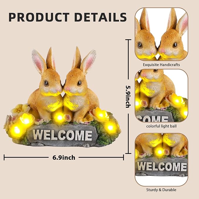 Solar Rabbit Garden Statue 5.9" Resin Bunny Statue with Welcome Sign Rabbit Figurines Light Decorations for Patio Yard Lawn Ornaments Easter Housewarming Birthday Gifts for Women Mom Grandma Wife