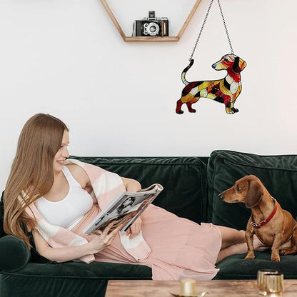 Dachshund Stained Glass Window Hanging, 5.9 * 5.1 in Hand-Painted Sun Catcher Panel Wall Art Decor with Chain, Gifts for Women Mom Grandma