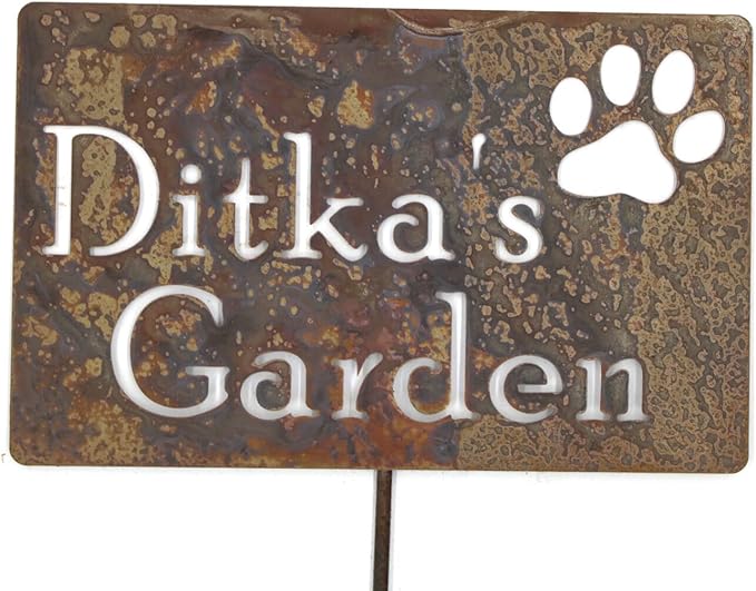 Classic Metal Garden Markers Clearance Items 20 to 33 Inches Tall (Ditka's Garden with paw print 23", Naturally Rusted)