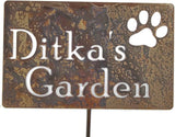 Classic Metal Garden Markers Clearance Items 20 to 33 Inches Tall (Ditka's Garden with paw print 23", Naturally Rusted)