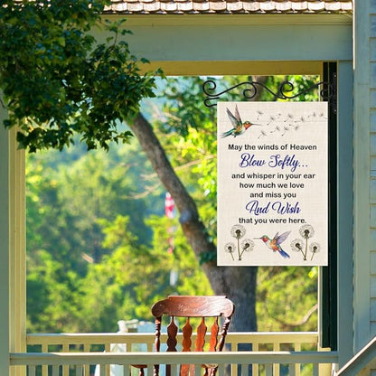 May The Winds Of Heaven Blow Solftly Garden Flag, Double Sided Farmhouse Outdoor Decor Yard Flag Gifts, Hummingbird Dandelion Memorial Garden Décor Gifts, Remembrance Sympathy House Flags
