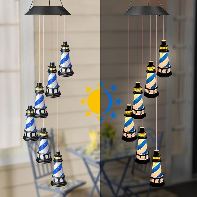 Lighthouse Wind Chimes Outdoors Solar Hanging Lighthouse Decorative Outdoor Lighthouse Solar Lighthouse Windchime（Blue）