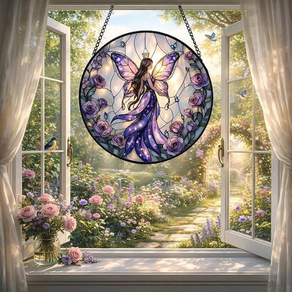 Fairy Stained Glass Suncather for Window Hanging with Butterfly Wing, 7.9'' Purple Fairy Ornament Gift for Women, Whimsical Wall Art Home Decor Gifts for Mom, Grandma (Purple Fairy, 7.9'')