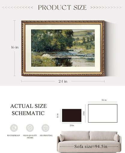 ARPEOTCY Vintage Gold Framed Large Wall Art, Nature Streamside Retro Paintings, Landscape Canvas Prints Artwork with Antique Frame, Victorian Wall Picture Decor for Gallery Living Room 16x24 inch