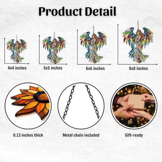 Rainbow Wing Angel Acrylic Suncatcher Stained Glass Effect Window Car Hanging Christmas Ornament Indoor Outdoor Decor Garden Sun Catcher Panel for Angel Lover for Women Mom Grandma