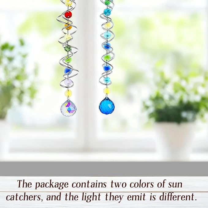 2 Pack Crystal Sun Catcher,Colored Suncatcher for Window Hanging Double Spiral Design,Wind Spinner Gazing Prism Ball Spiral Tail,Rainbow Maker for Yard Garden Indoor Home Outdoor Decor Party Gifts