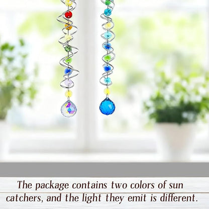 2 Pack Crystal Sun Catcher,Colored Suncatcher for Window Hanging Double Spiral Design,Wind Spinner Gazing Prism Ball Spiral Tail,Rainbow Maker for Yard Garden Indoor Home Outdoor Decor Party Gifts