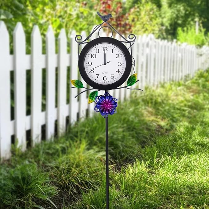 Outdoor Clock with Garden Stake, Flower Birdhouse Outdoor Wall Clock Waterproof, Silent No-Ticking Outdoor Clocks for Garden, Patio, Yard, Fence