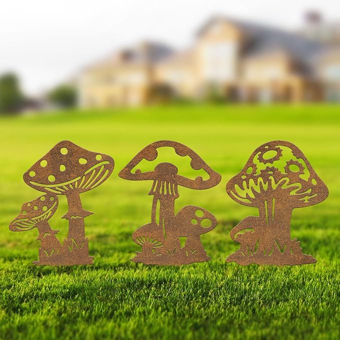 Resama 3 Piece Rusty Metal Mushroom Garden Stakes, Rustic Metal Mushroom Yard Art Decor, Outdoor Garden Decorations for Lawn Patio Backyard, Cottagecore Garden Gifts