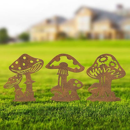 Resama 3 Piece Rusty Metal Mushroom Garden Stakes, Rustic Metal Mushroom Yard Art Decor, Outdoor Garden Decorations for Lawn Patio Backyard, Cottagecore Garden Gifts
