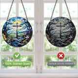 Stained Glass Cross Suncatcher, 8 Inch Christian Stained Glass Window Hanging, Religious Sun Catchers Indoor Window, Nature Landscape Flower Home Garden Decor Easter Faith Christian Gifts Ornaments