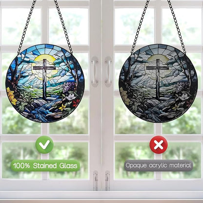 Stained Glass Cross Suncatcher, 8 Inch Christian Stained Glass Window Hanging, Religious Sun Catchers Indoor Window, Nature Landscape Flower Home Garden Decor Easter Faith Christian Gifts Ornaments