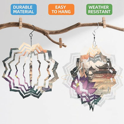 8 Inch Sublimation Wind Spinner, 3D Aluminum Metal Wind Spinner with Hook, Indoor Yard Garden Hanging Decoration, Weather Resistant Rotating Spiral Ornament, Purple Lotus and Temple