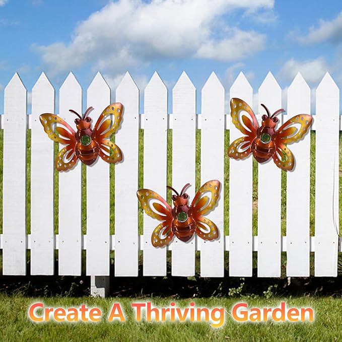 Garden Decor Metal Bee Wall Art Sculpture, Large Bee Wall Decor Garden Decoration Hanging for Yard Lawn Patio Living Room Bedroom, 3 Pack, Gift for Family