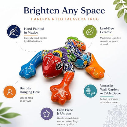 Colorful Garden Decor Frog - Ceramic Mexican Home Decor Talavera - Hand Painted in Mexico - Mexican Wall Decor - Multicolor Frog in Gift Box - Rana Multicolor