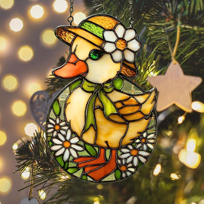 Mosaic Floral Daisy Duck Easter Acrylic Suncatcher Stained Glass Effect Window Car Hanging Christmas Ornament Indoor Outdoor Decor Garden Sun Catcher Panel for Easter Lover for Women Mom Grandma