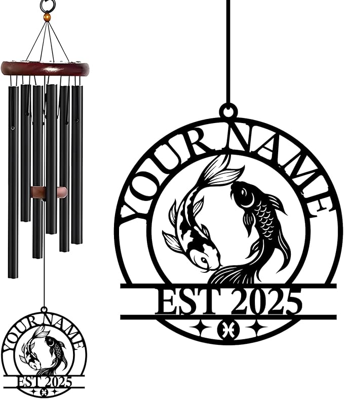 Personalized Customize Name 12 Zodiac Signs Wind Chime, Metal Iron 37 Inch Outdoor Memorial Gift for Garden Yard Patio Home Decor, Black (Pisces)