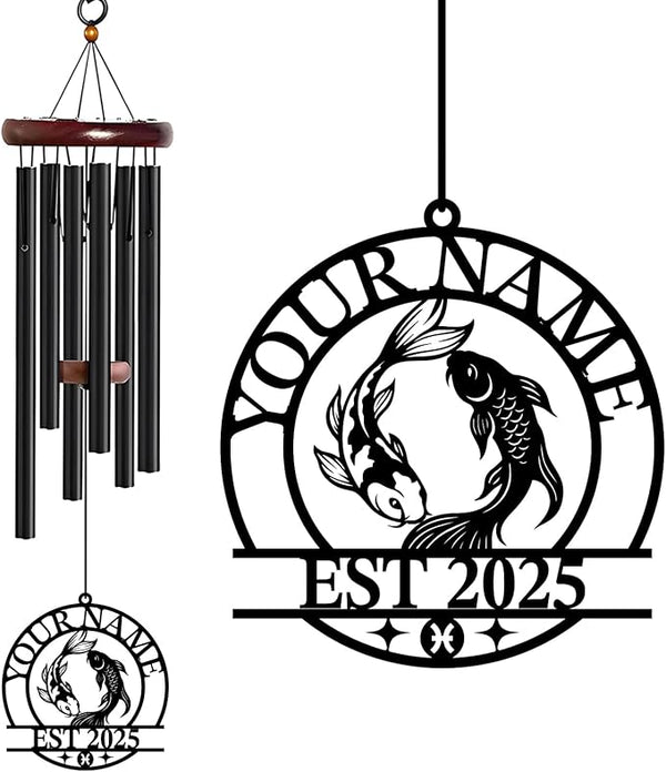 Personalized Customize Name 12 Zodiac Signs Wind Chime, Metal Iron 37 Inch Outdoor Memorial Gift for Garden Yard Patio Home Decor, Black (Pisces)