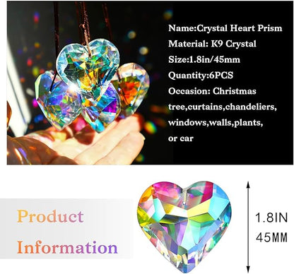 HDCRYSTALGIFTS 6pcs 50mm Crystal Heart Prism Suncatcher Window Sun Catchers Crystals Hanging Decorations Rainbow Maker Pendant Glass Ornaments for Valentine’s Day/Galentines Day