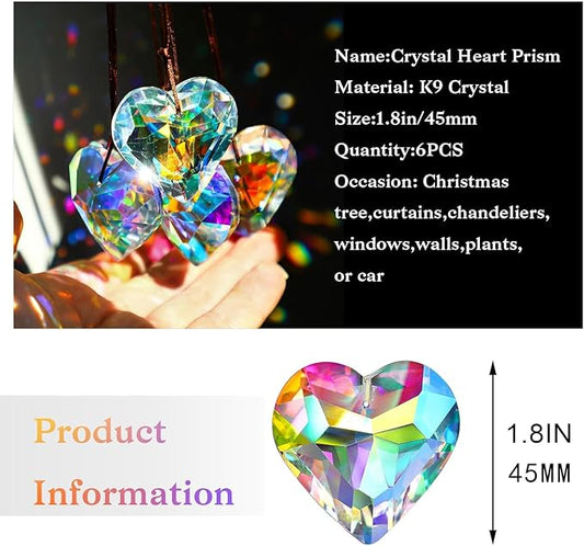 HDCRYSTALGIFTS 6pcs 50mm Crystal Heart Prism Suncatcher Window Sun Catchers Crystals Hanging Decorations Rainbow Maker Pendant Glass Ornaments for Valentine’s Day/Galentines Day